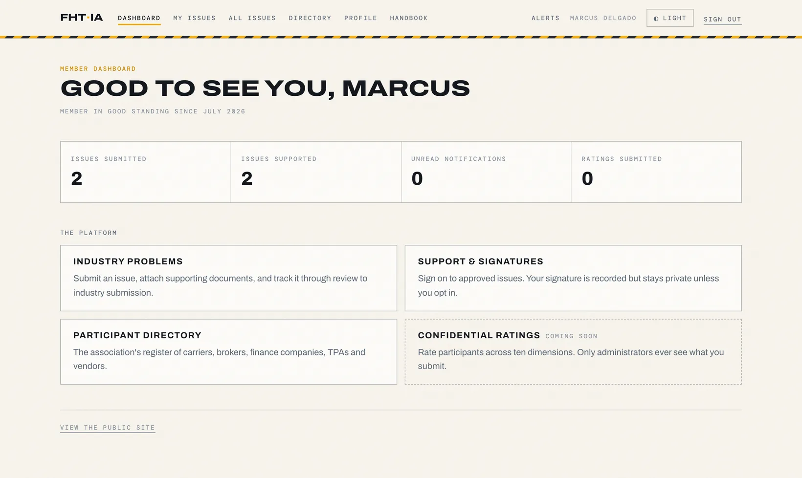 The member dashboard, with counts and the four parts of the platform.