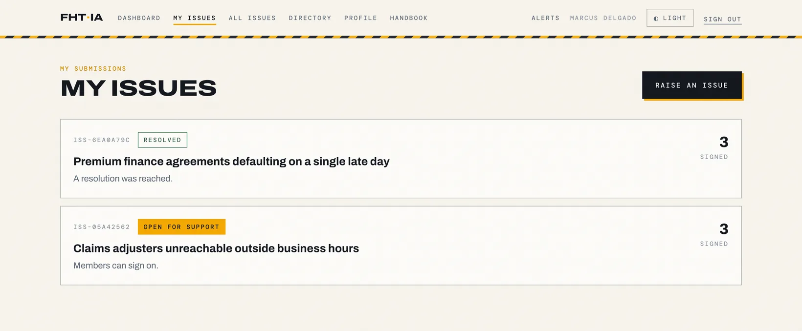 My issues, showing each submission's status.